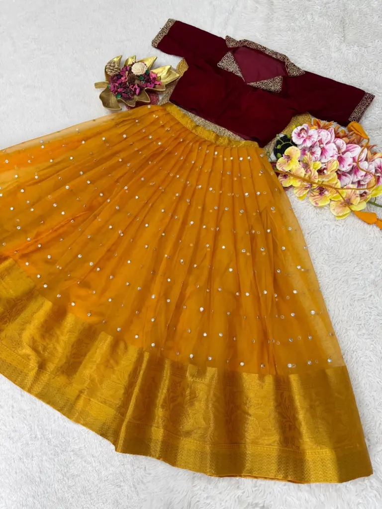 ❤️Fully Stitched Organza Lehenga With Beautiful Maggam Work Velvet Blouse 🌸 