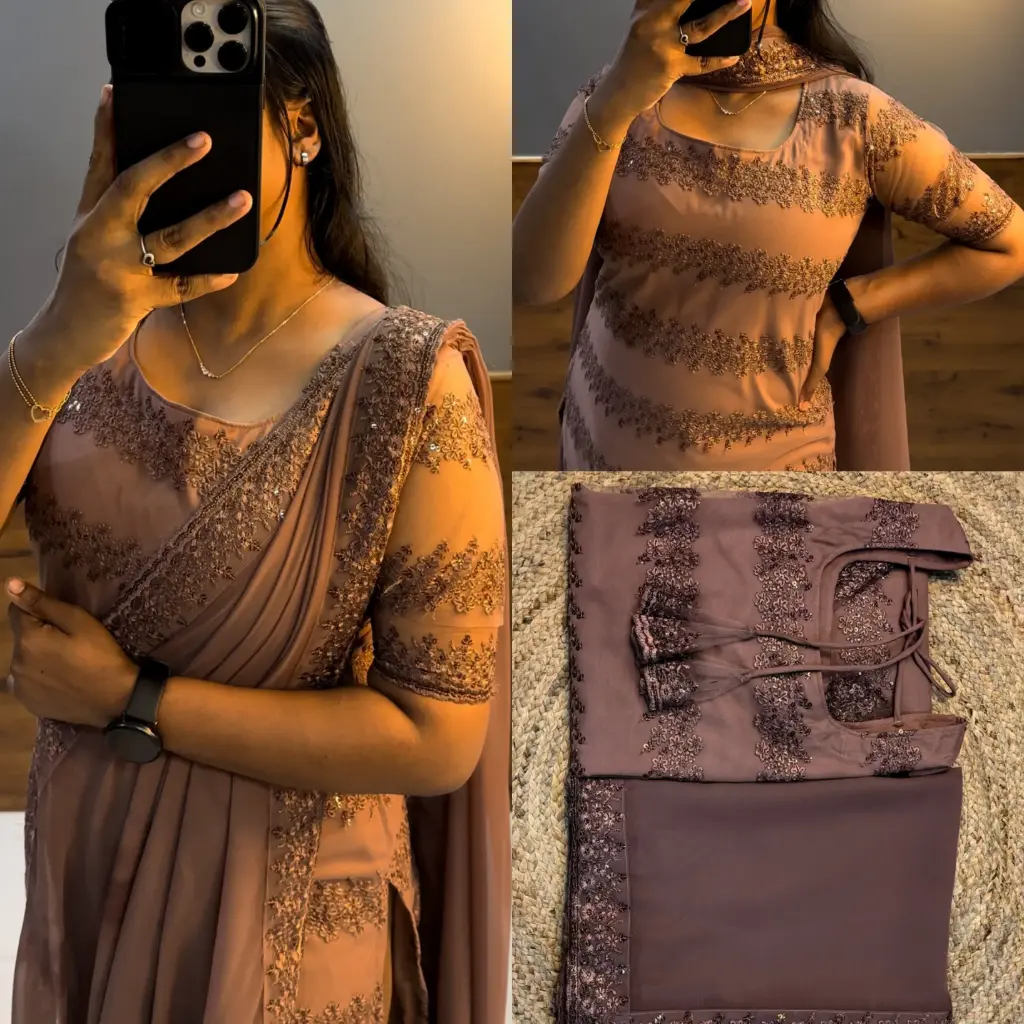 NET EMBROIDERED KURTI WITH DUPATTA  (Brown) 