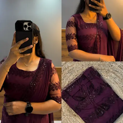 NET EMBROIDERED KURTI WITH DUPATTA  (Maroon)