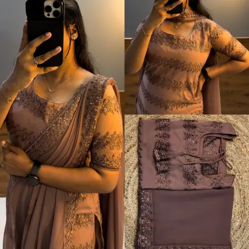 NET EMBROIDERED KURTI WITH DUPATTA  (Brown) 